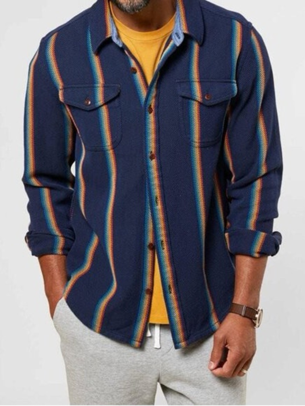 NWT OuterKnown Blanket Shirt Jacket Shacket Marine Rainbow Stripe Organic Cotton
